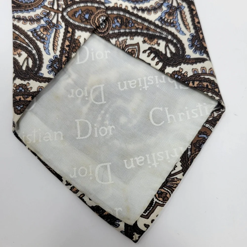 Christian Dior Tie Mens Necktie Silk Brown Beige Paisley Cravates Paris NY Adult